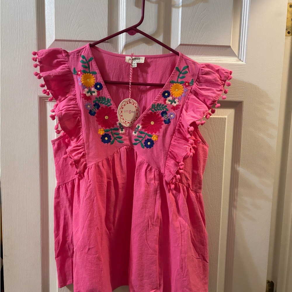 Umgee Fuchsia Embroidered Yoke Top